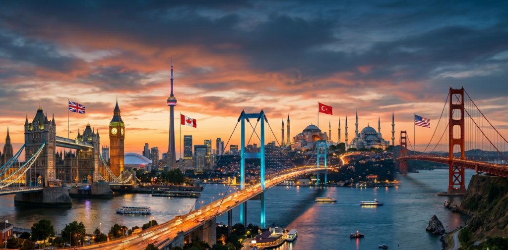 APA 2026 — San Francisco Annual Meeting Twilight view of the Bosphorus Bridge in Istanbul, illuminated with blue and orange lights against a sunset sky.