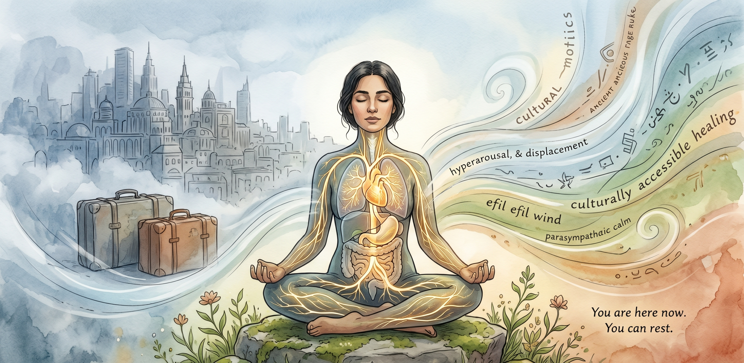 Artwork of a person meditating outdoors in nature, with translucent layers showing inner energy and glowing roots.