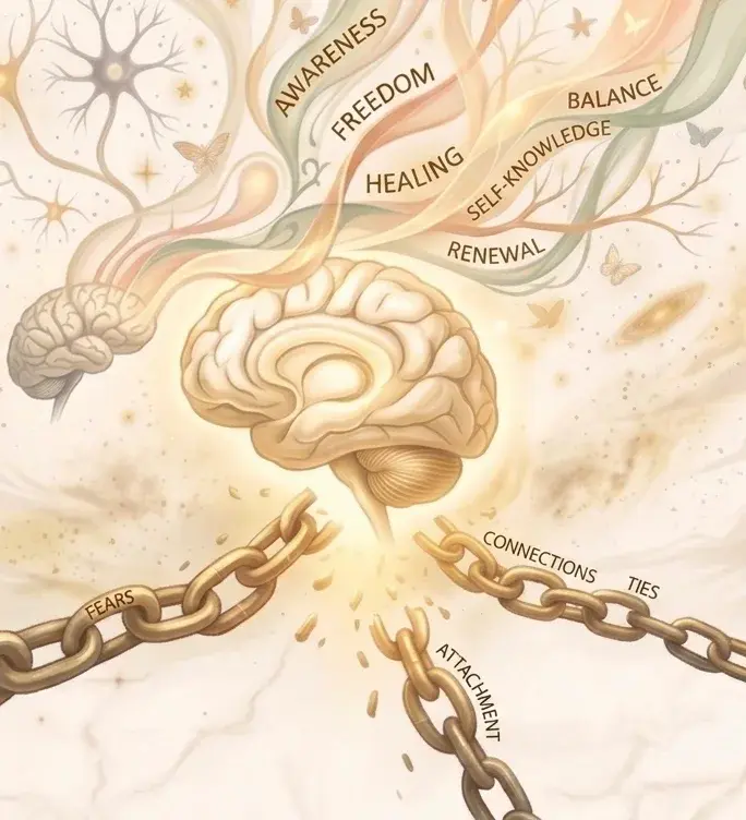 Illustration of a glowing brain breaking free from metal chains, with conceptual words radiating upwards.