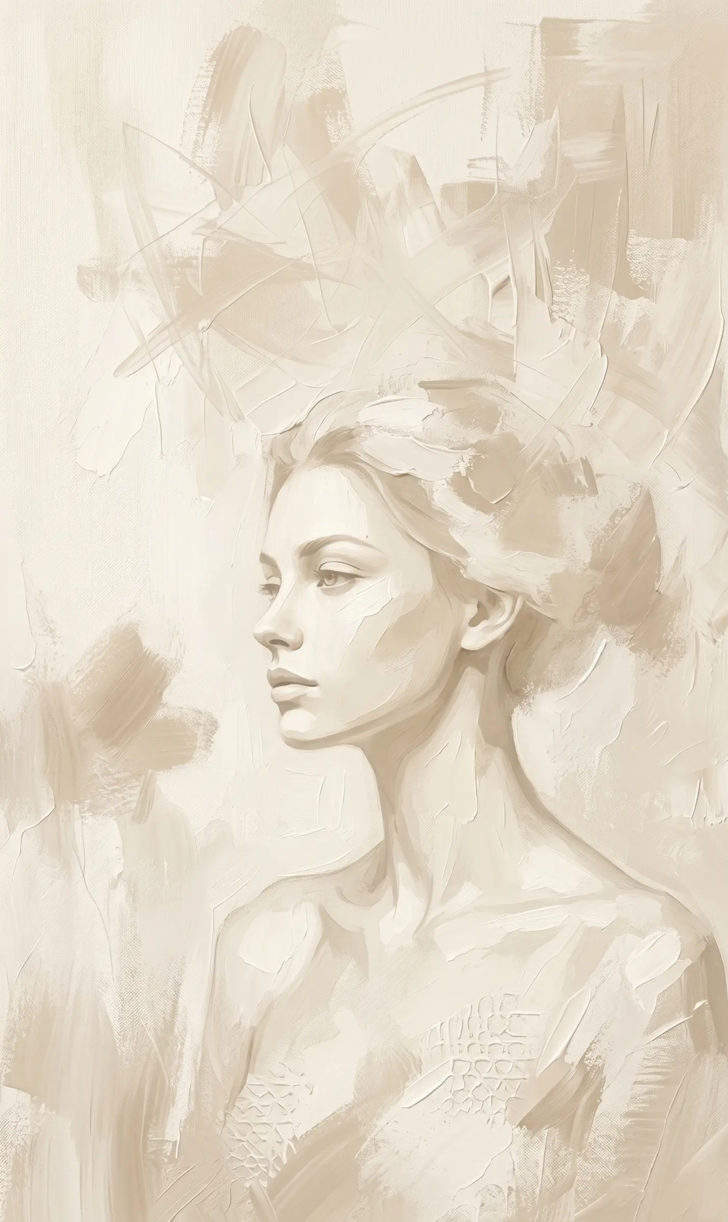 A soft, sepia-toned sketch of a woman's profile looking into the distance.
