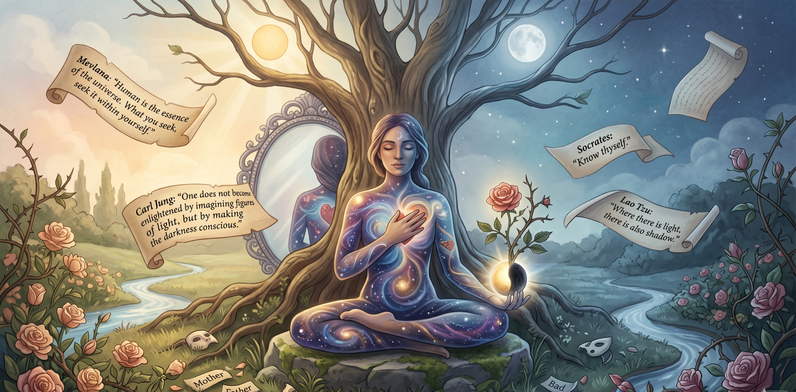 Illustration of a person meditating under a large tree at twilight, holding a glowing heart with a crescent moon in the background.
